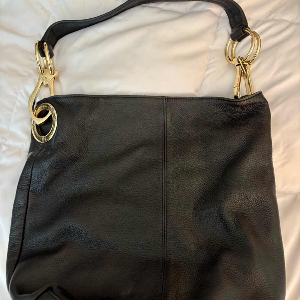 Chic Black Leather Shoulder Bag with Gold Accents